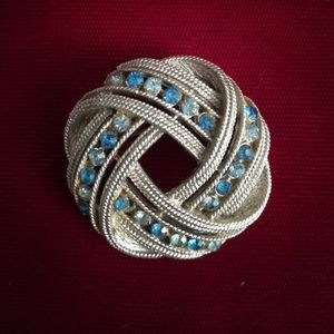 Vintage Silver Circle Brooch with Blue Rhinestones